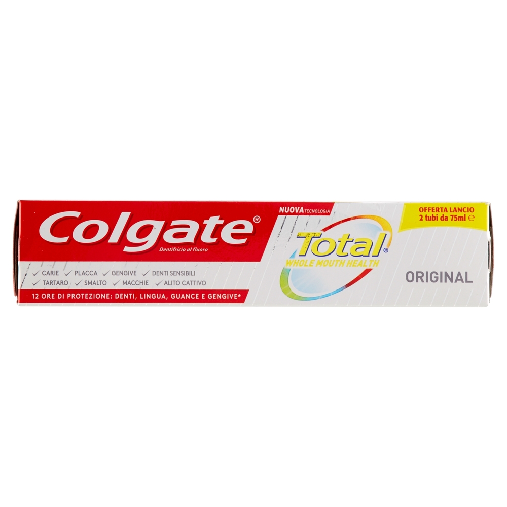 Colgate dentifricio Total Original, protegge dai batteri lingua, guance e gengive bitubo 2x75ml